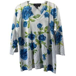 Vtg J.A.C. Womens Sweater Large Blue Roses 3/4 Sleeves Knit Y2K Pullover Stretch